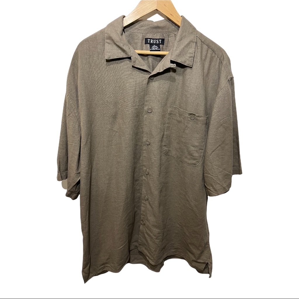 Trust Linen Taupe Mens Button Short Sleeve Shirt Buttoned Chest Pocket